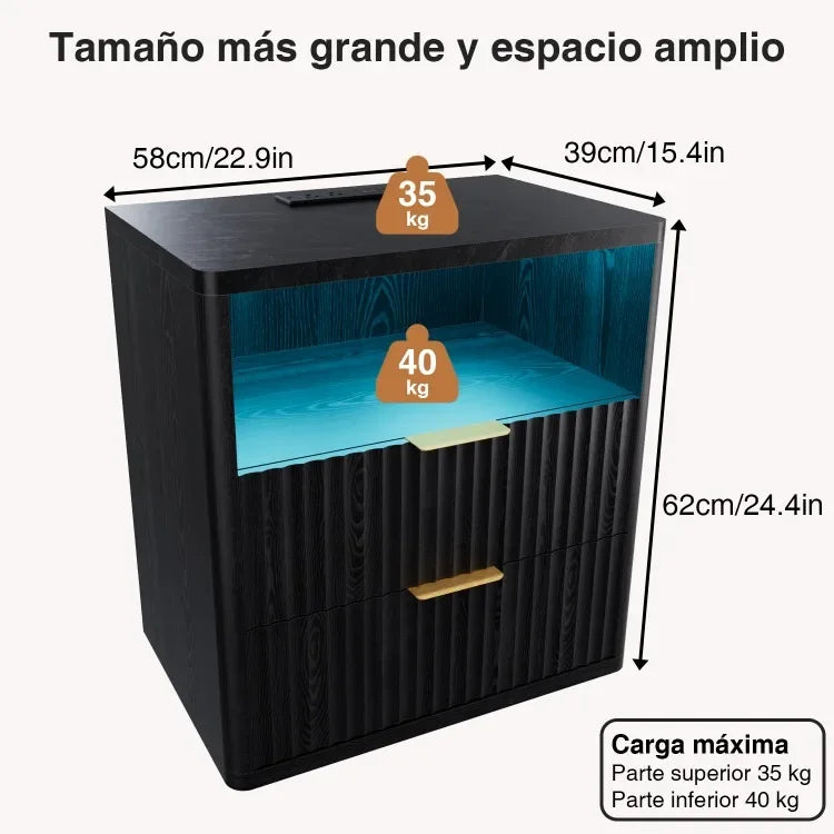 Mesa de Noche con 2 Cajones y Estación de Carga, Ahorra Espacio, con Tomacorriente, de Madera, para Dormitorio, Esquina de Escritorio, Sala de Estar, Hogar