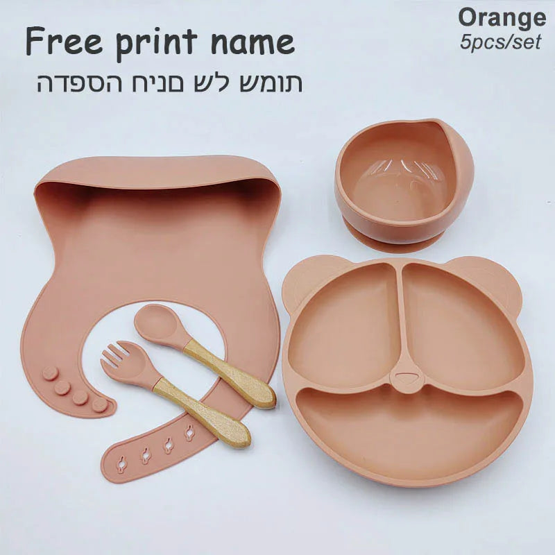Vajilla de silicona para niños, juego de alimentación de bebé, plato de dibujos animados, nombre personalizado, taza con ventosa, plato, babero, regalo para recién nacido, 8 Uds./5 uds.