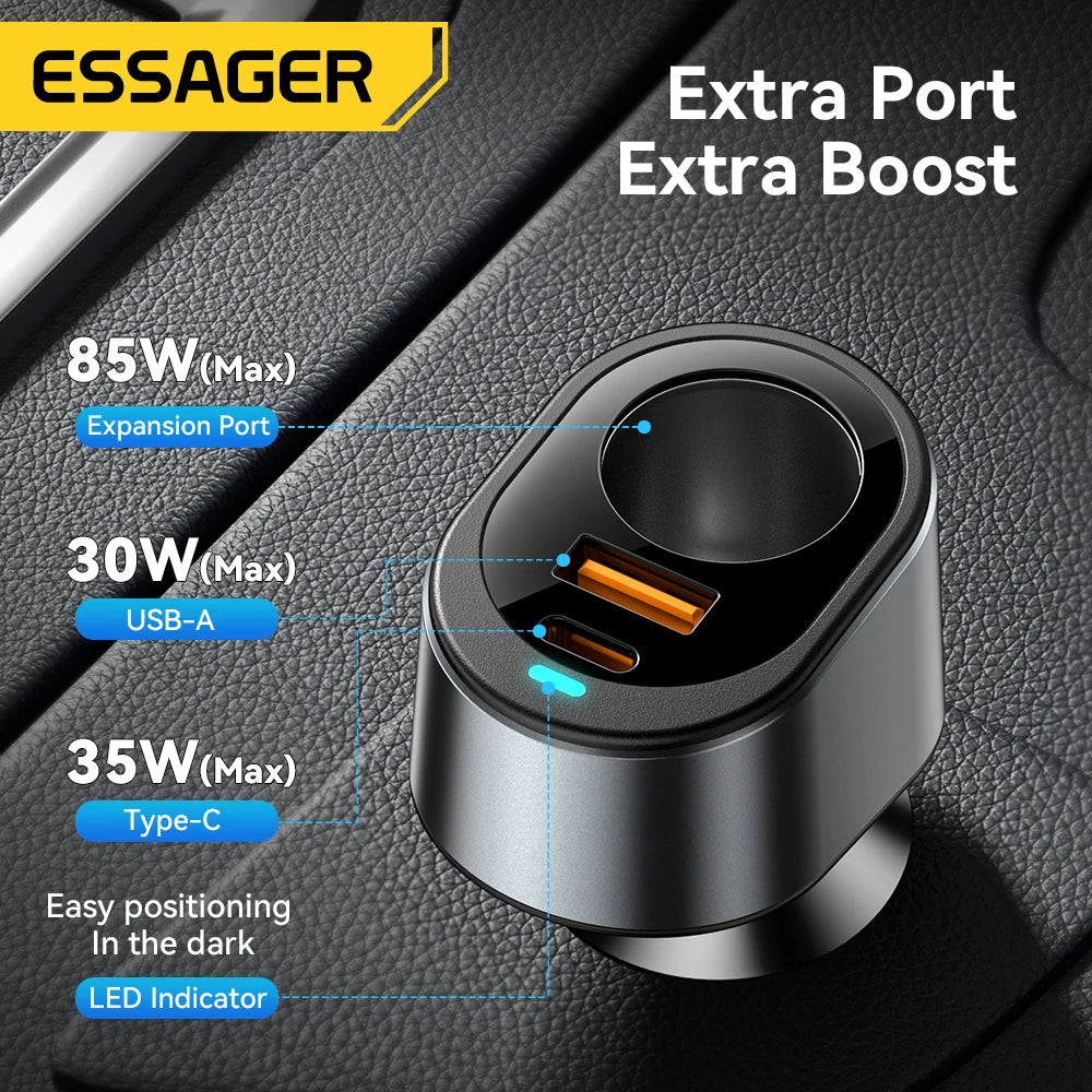 Essager 120W USB C cargador de coche con puerto de encendedor de cigarrillos de coche de 85W adaptador de cargador de coche rápido para iPhone 15 MacBook Xiaomi Laptop