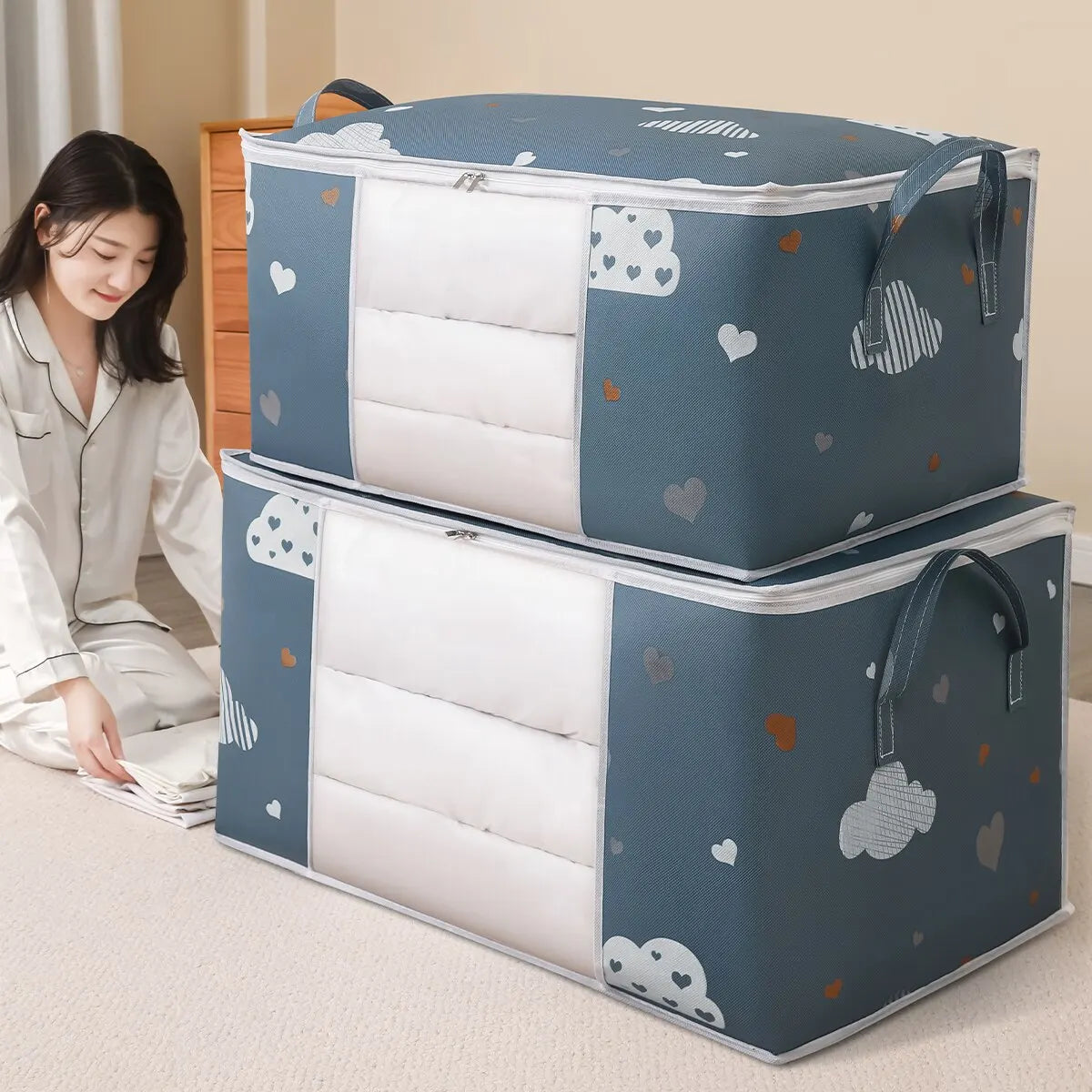 Bolsa de almacenamiento de ropa de gran capacidad, organizador con mango reforzado, adecuado para mantas, ropa de cama, plegable con cremallera resistente