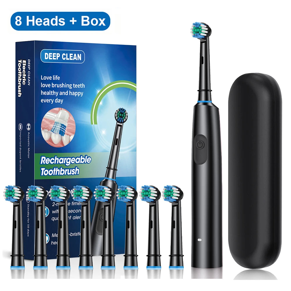 Cepillo de dientes eléctrico, cepillo de dientes eléctrico recargable giratorio para adultos, cepillos de dientes eléctricos giratorios con 8 cabezales suaves