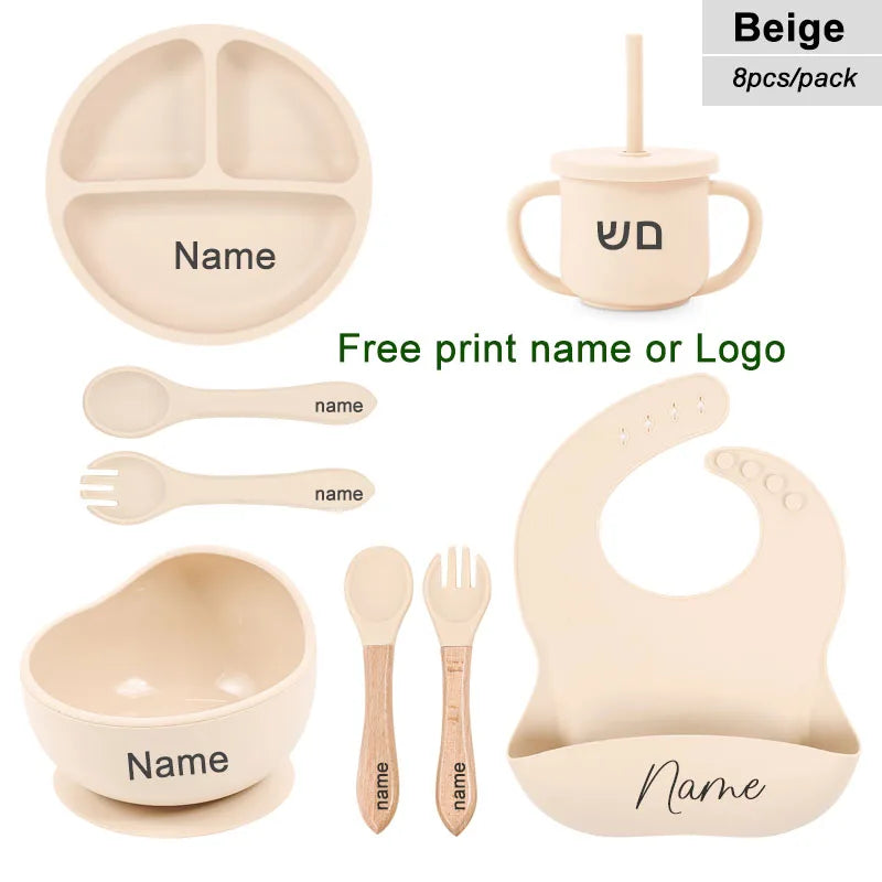 Juego de alimentación de silicona para bebé, plato de comedor redondo, cuenco con ventosa, platos para niños, vajilla con nombre personalizado, taza de paja, 8 Uds.