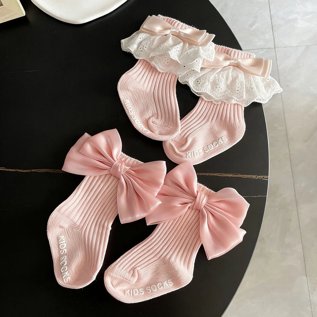 Calcetines rosas para niñas pequeñas, calcetines de algodón con lazo grande y encaje de cereza, calcetines de pantorrilla para niños, calcetines bonitos de princesa para niños de 1 a 5 años
