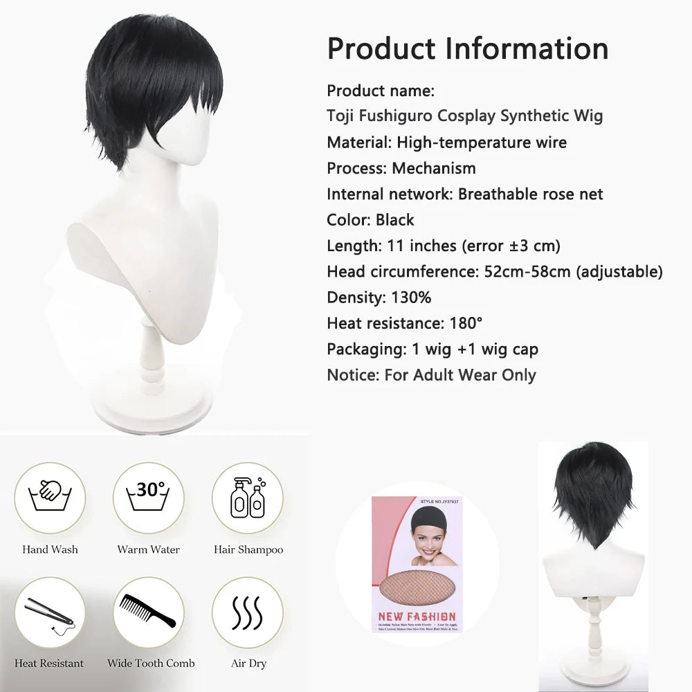 Peluca de Cosplay de Fushiguro Toji, Jujutsu Kaisen, peluca corta negra y esponjosa para hombre, pelo Universal de Anime resistente al calor para Halloween Comic Con