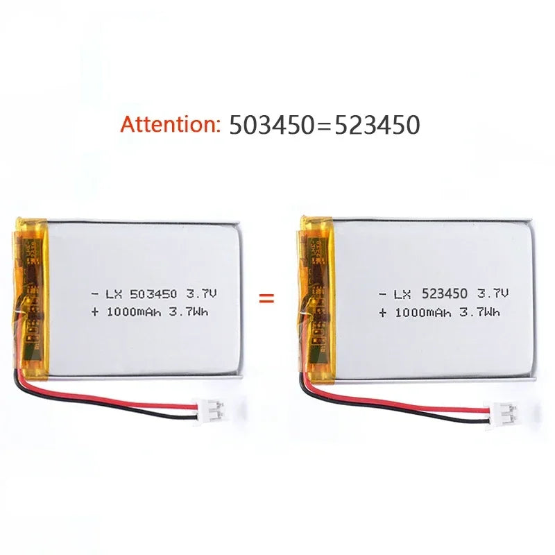 Batería Recargable de Litio Polímero de 1000 mAh y 3.7 V, Batería de Iones de Litio 523450/503450, PH2.0 de 2 Pines para GPS, Teléfono Inteligente, DVD, MP5
