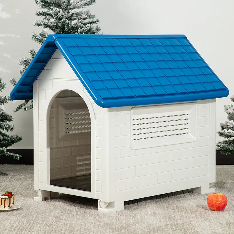 Casa para perros interior y exterior: cubierta extraíble a prueba de lluvia, perrera de plástico para perros medianos/grandes, refugio impermeable y resistente al viento