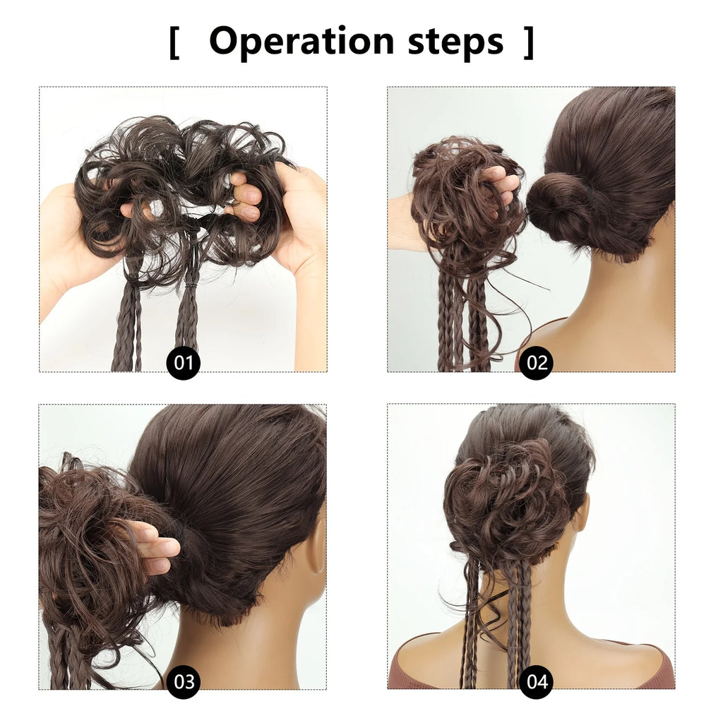 Postizo de Cabello Sintético para Moño Despeinado, Rubio y Castaño, Estilo Y2K, Trenza Desordenada y Rizada, Banda Elástica para el Cabello, Piezas de Cabello Falso para Mujer