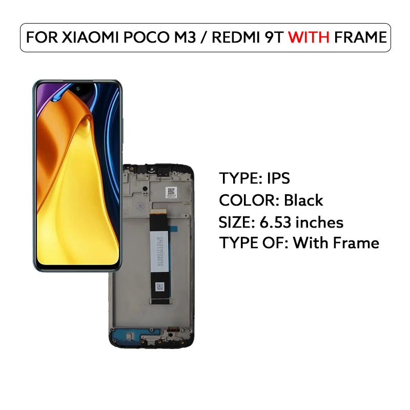 Pantalla LCD de 6,53 pulgadas para Xiaomi Poco M3 Redmi 9T LCD MONTAJE DE digitalizador con pantalla táctil con marco M2010J19CG piezas de repuesto para reparación