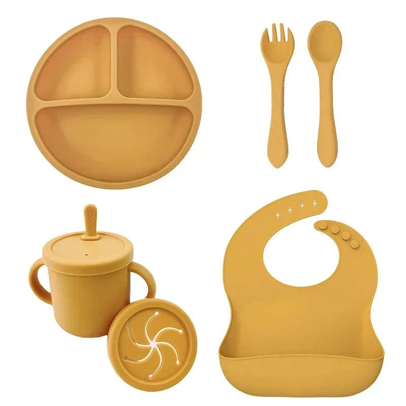Juego de alimentación de bebé de silicona sin BPA, cuenco con ventosa, plato de comedor, taza de paja, cuchara, tenedores para niños, vajilla para bebés, platos para niños