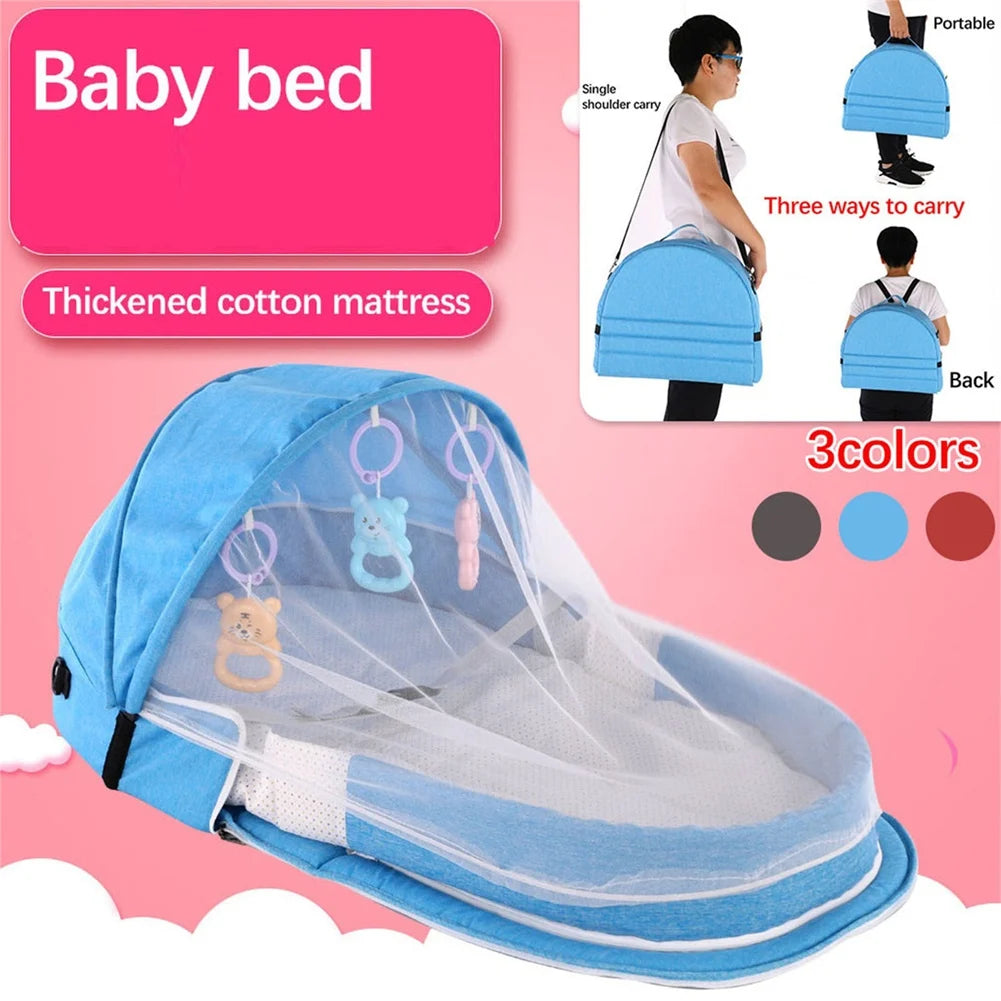 Cuna plegable portátil para bebé con red y toldo, cama nido para acampar, cuna para bebé
