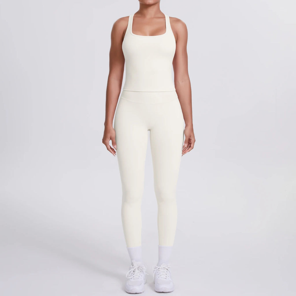 Hamidou - Conjunto de yoga de 2 piezas para mujer: leggings de fitness de secado rápido con efecto push-up y top deportivo con espalda en I de color liso.