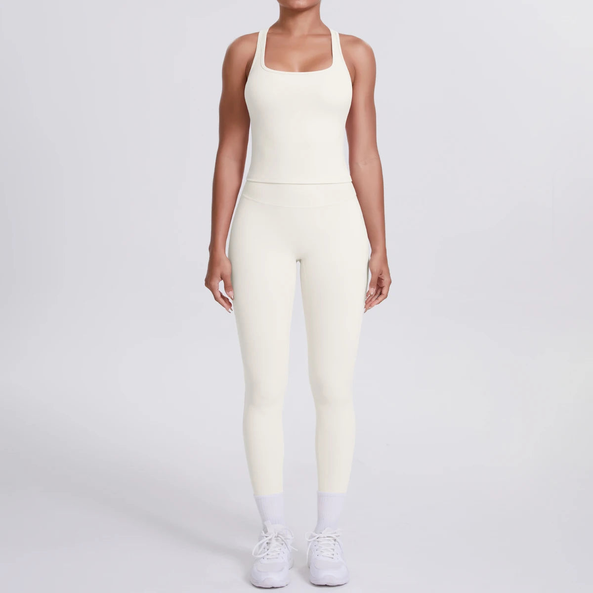 Hamidou - Conjunto de yoga de 2 piezas para mujer: leggings de fitness de secado rápido con efecto push-up y top deportivo con espalda en I de color liso.