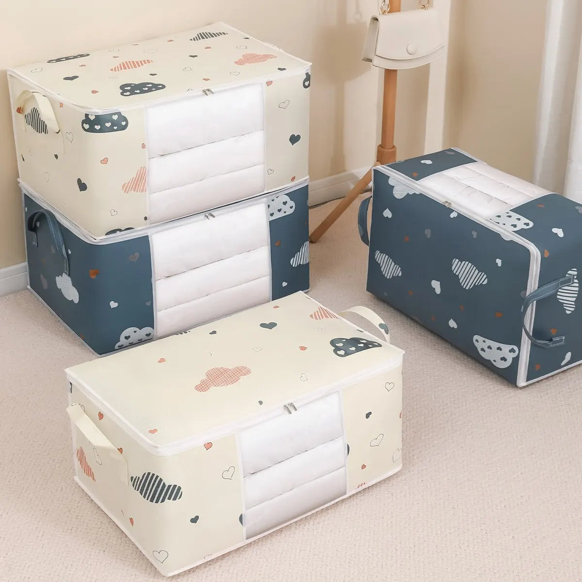 Bolsa de almacenamiento de ropa de gran capacidad, organizador con mango reforzado, adecuado para mantas, ropa de cama, plegable con cremallera resistente