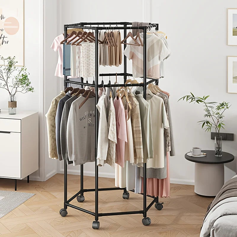 Perchero de Pie Hexagonal Giro, Perchero para Dormitorio, Cuerda de Secar Ropa Interior, Organizador Móvil de Ropa y Sombreros, Doble Capa y Desmontable