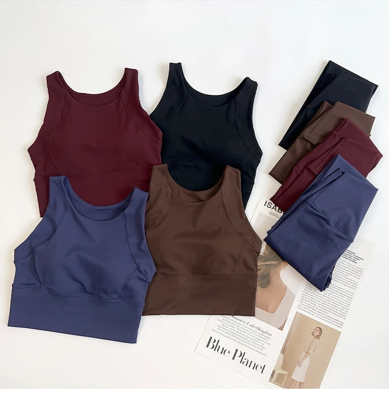 Ropa de Yoga de 2 piezas para mujer, conjunto de Yoga para gimnasio con tirantes cruzados en la espalda, Sujetador deportivo de realce, mallas de Yoga de cintura alta, ropa deportiva de entrenamiento