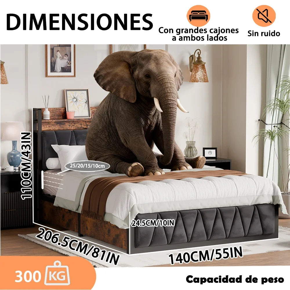 Base de Cama Matrimonial con 4 Cajones de Almacenamiento, Luz LED, Plataforma de Madera, Cabecera Tapizada en Terciopelo, Estación de Carga, No Requiere Somier