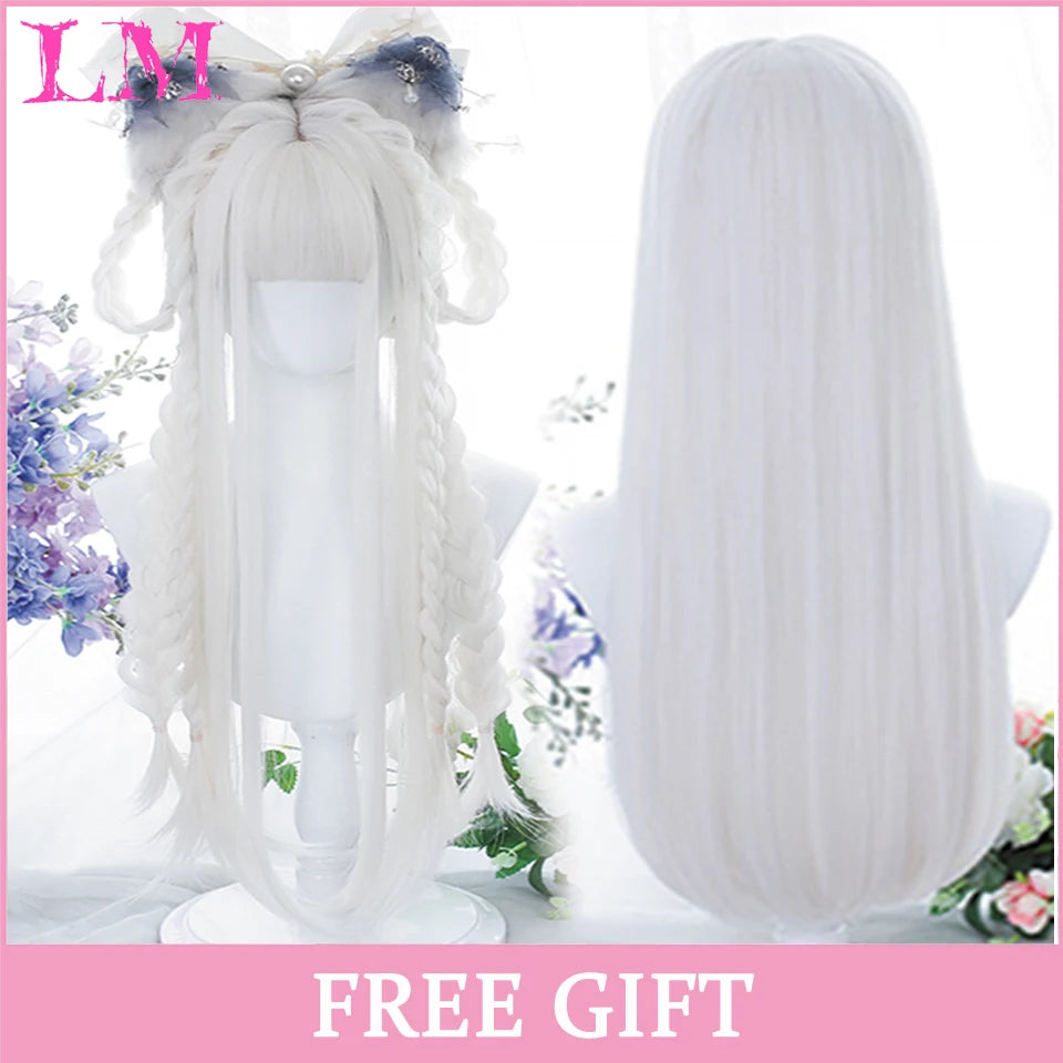 LM Rubio sintético Ombre mezclado rosa Rubio largo ondulado pelucas con flequillo Cosplay fiesta uso fibra resistente al calor para mujeres