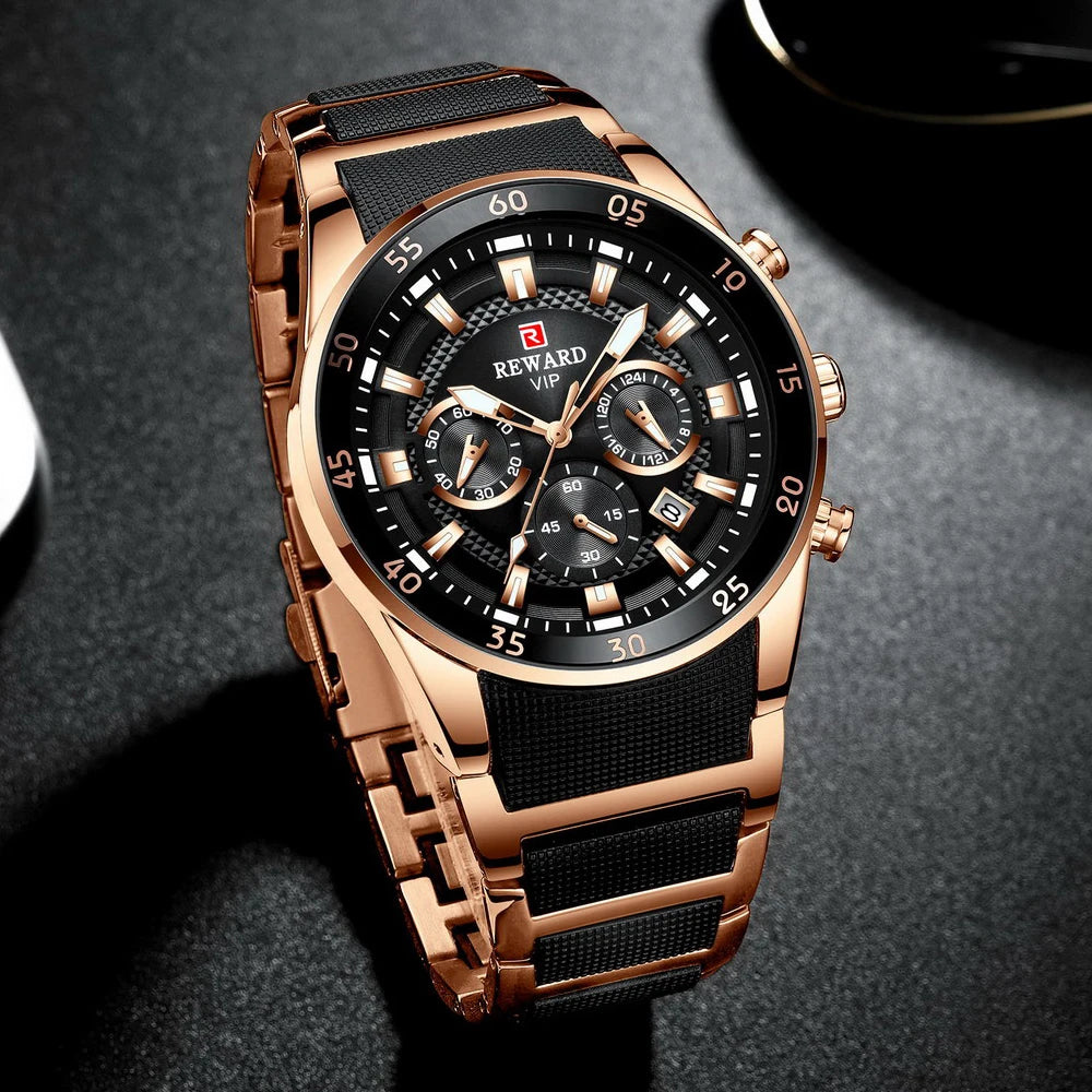REWARD Relojes para hombre con esfera grande, marca de lujo, reloj deportivo resistente al agua, cronógrafo para hombre, reloj de cuarzo, relojes de pulsera con fecha automática