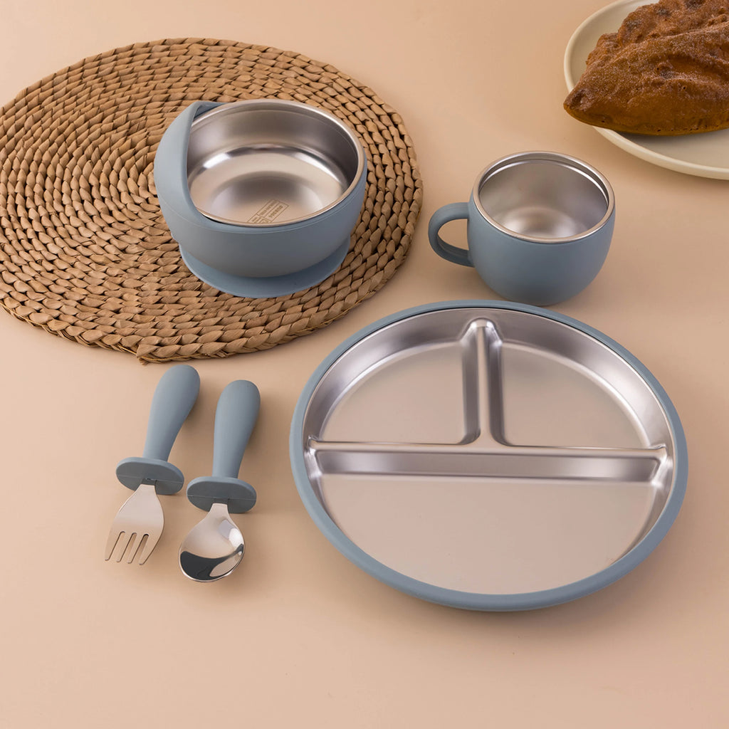 Juego de alimentación de bebé con plato de platos de acero inoxidable, cuenco con ventosa de silicona desmontable, sin BPA, tenedor infantil, cuchara, regalos, 5 uds.