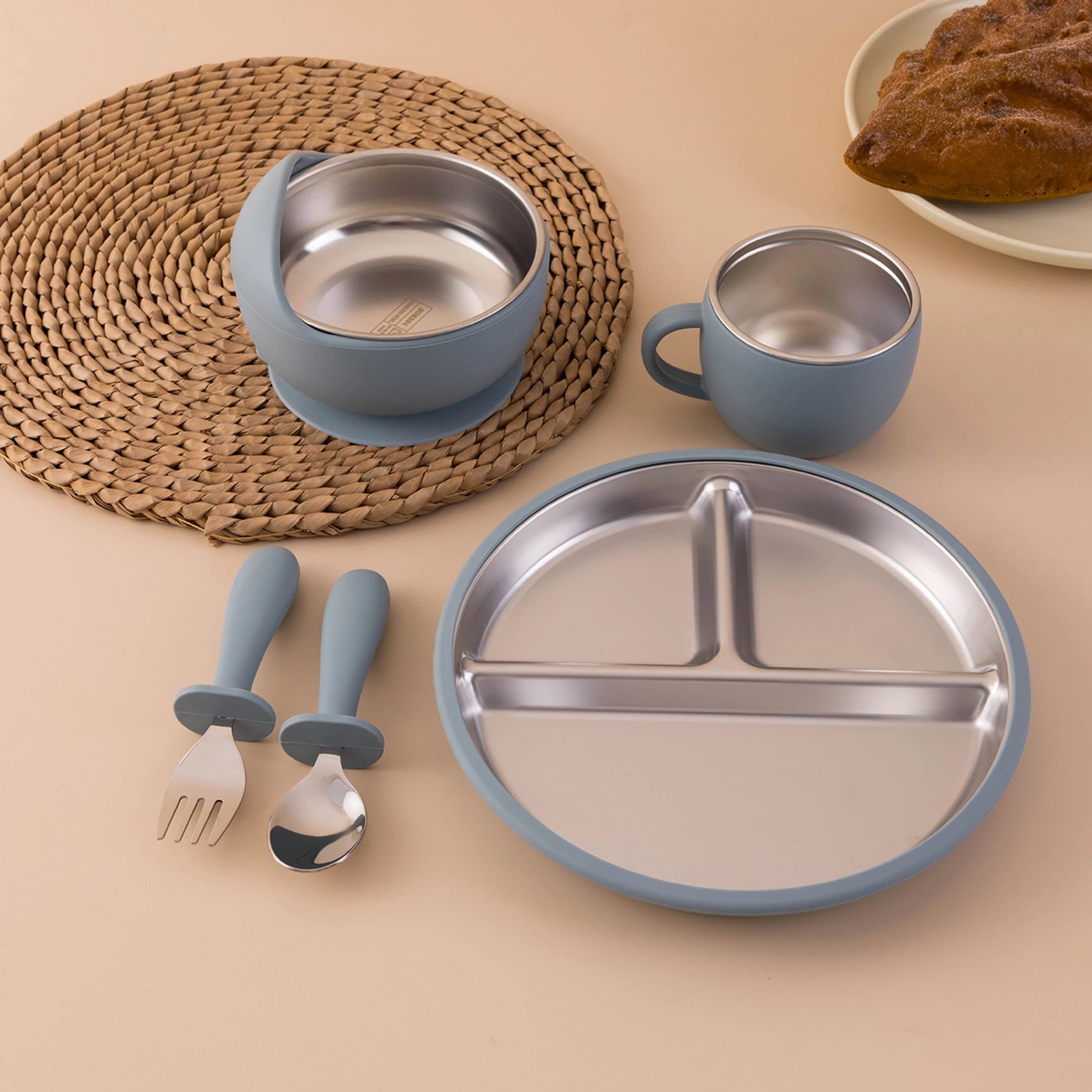 Juego de alimentación de bebé con plato de platos de acero inoxidable, cuenco con ventosa de silicona desmontable, sin BPA, tenedor infantil, cuchara, regalos, 5 uds.