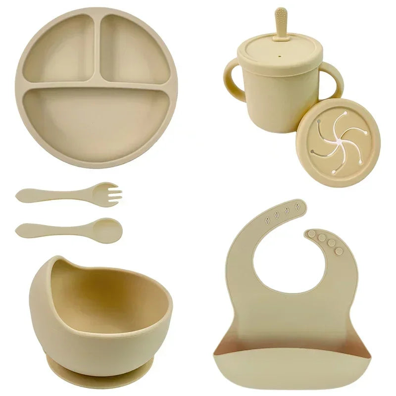 Juego de alimentación de bebé de silicona sin BPA, cuenco con ventosa, plato de comedor, taza de paja, cuchara, tenedores para niños, vajilla para bebés, platos para niños