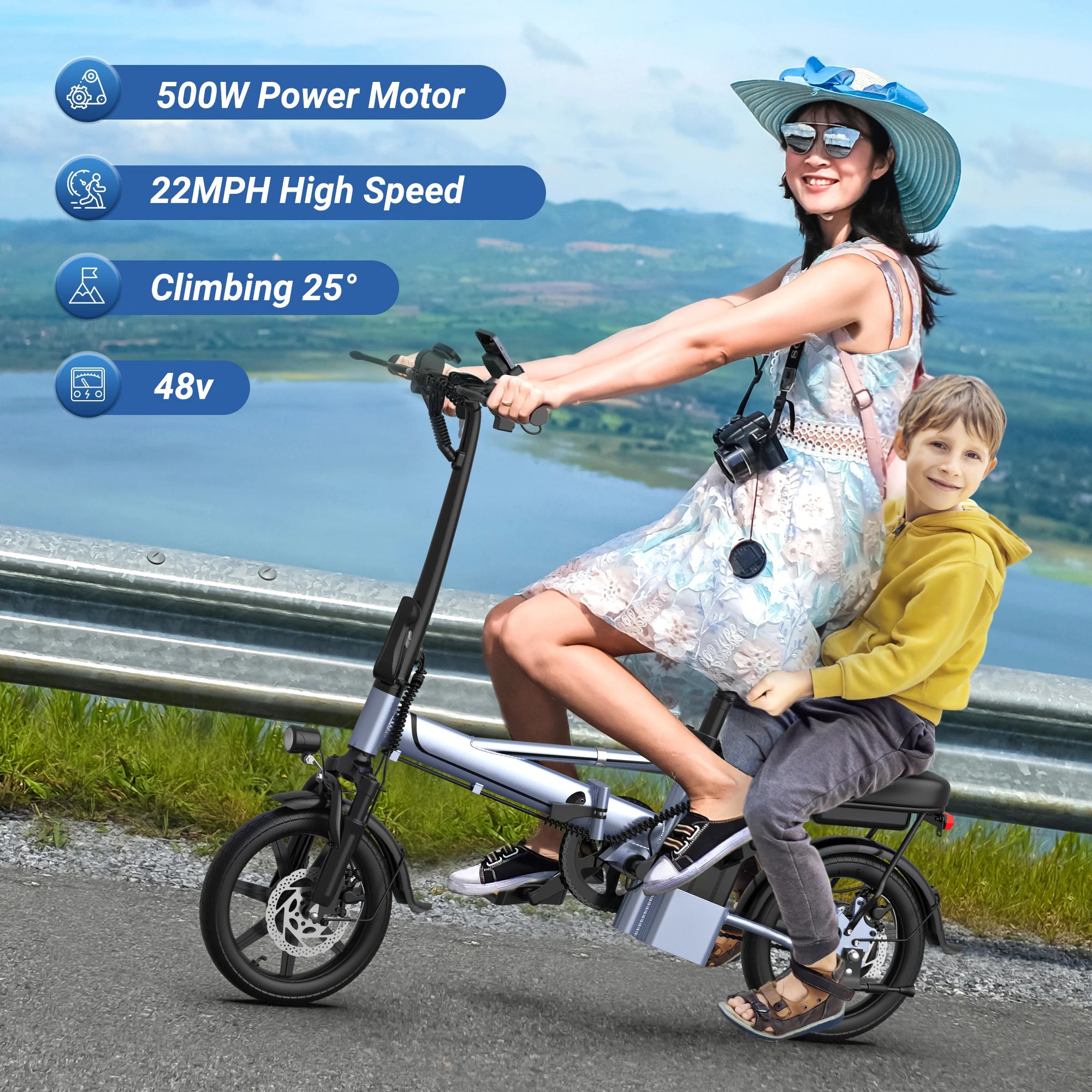 Bicicleta Eléctrica Plegable E14 de 500W para Adultos, 22MPH, 38 Millas, 14 Pulgadas, con Cuadro Plegable y Cesta Trasera, Bicicleta Eléctrica Urbana, Stock en la UE