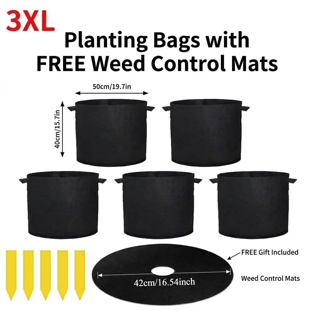Paquete de 5 Bolsas de Cultivo de Tela + Alfombrillas Antihierbas y Etiquetas Gratis, Macetas de Tela No Tejida para Tomates, Fresas y Vegetales, Macetas de Poda Aérea Tamaños S/M/L/XL/2XL/3XL