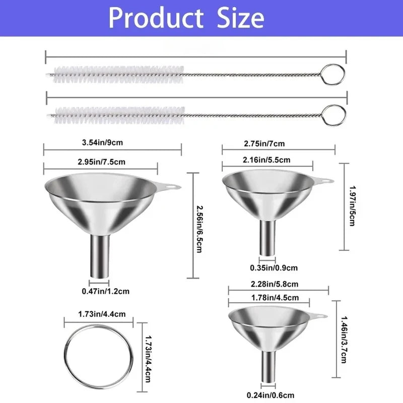 Juego de embudos de acero inoxidable, embudos metálicos de calidad alimentaria con cepillo de limpieza para llenar botellas, herramienta de filtro de aceite y líquido de cocina, 3 uds.