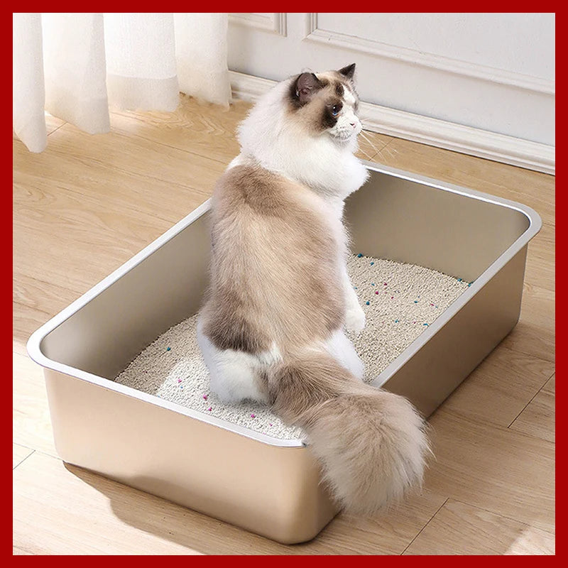Caja de arena para gatos de acero inoxidable 304, bandeja de arena grande de acero inoxidable para interiores, sartén de Metal de alta cara para gatos, suministros de limpieza para gatos