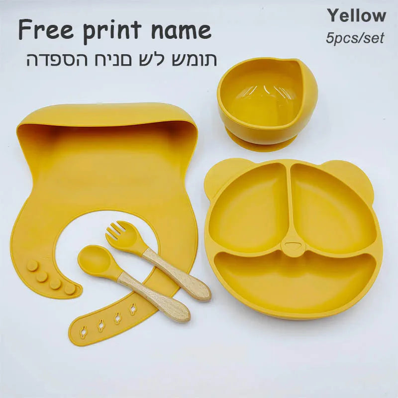Vajilla de silicona para niños, juego de alimentación de bebé, plato de dibujos animados, nombre personalizado, taza con ventosa, plato, babero, regalo para recién nacido, 8 Uds./5 uds.