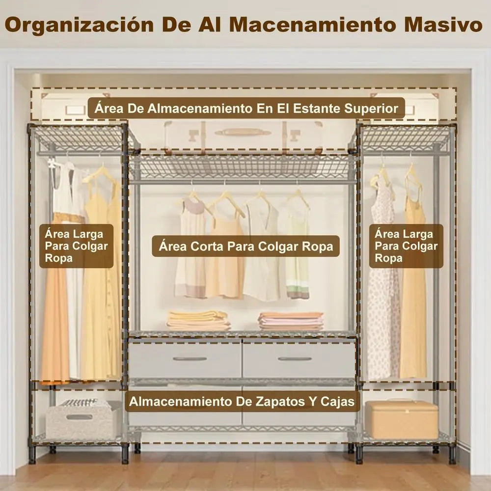 Armario Armable para Ropa con 3 Barras para Colgar, 6 Estantes, 2 Ganchos y 4 Cajones para Guardar Ropa, 144 x 37 x 180 cm, Rack para Ropa