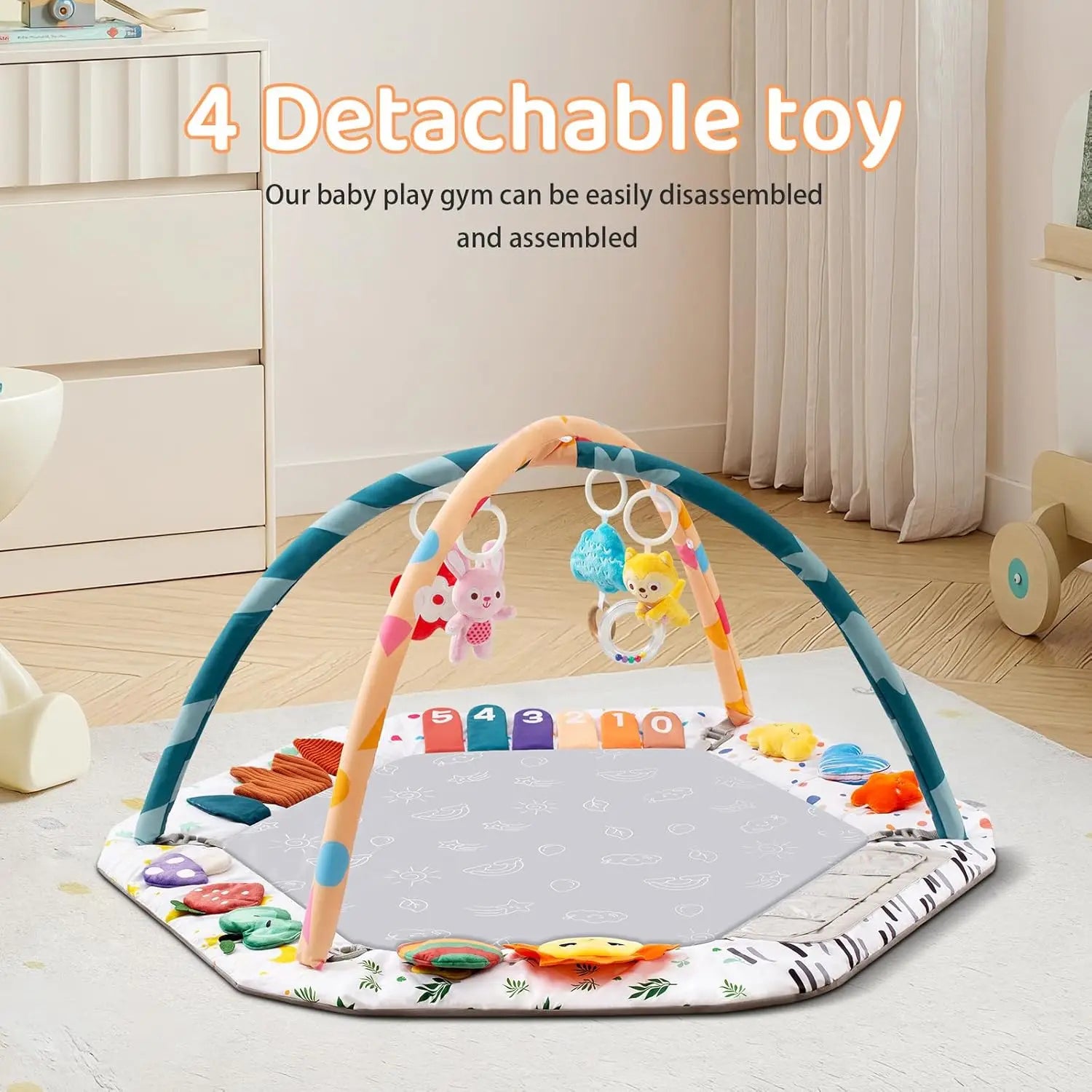 Alfombra de Juego para Bebés con 6 Zonas de Desarrollo, Tapete de Actividades para Estimulación del Desarrollo Motor con 4 Juguetes Sensoriales Desmontables