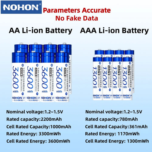 Baterías Recargables Nohon de 1.5V AA AAA de Litio para Computadora, Reloj, Radio, Videojuegos, Cámara Digital, Venta al por Mayor Disponible