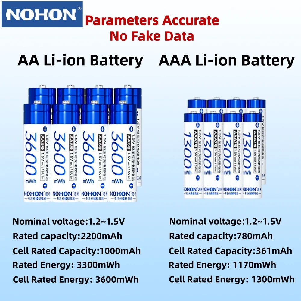 Baterías Recargables Nohon de 1.5V AA AAA de Litio para Computadora, Reloj, Radio, Videojuegos, Cámara Digital, Venta al por Mayor Disponible