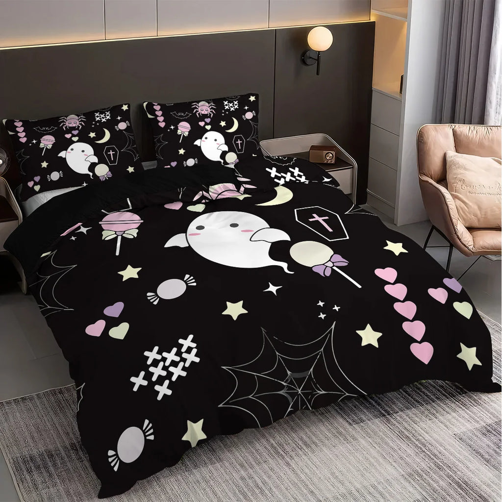 Juego de ropa de cama con estampado de fantasma para Halloween, sin núcleo, para dormitorio, sala de estar, dormitorio, varios tamaños, lavable a máquina, 3 uds.