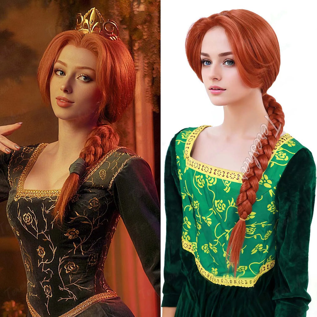 Peluca sintética de pelo de Anime Shrek largo trenzado marrón rojizo resistente al calor para disfraz de Fiona Cosplay para adultos disfraz de Fiona para mujer
