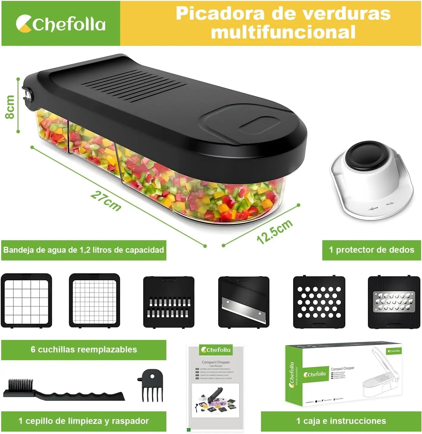 Picador de Verduras Multifuncional, Cortador de Cocina 6 en 1 con Cuchillas de Acero Inoxidable, para Frutas, Verduras y Ensaladas