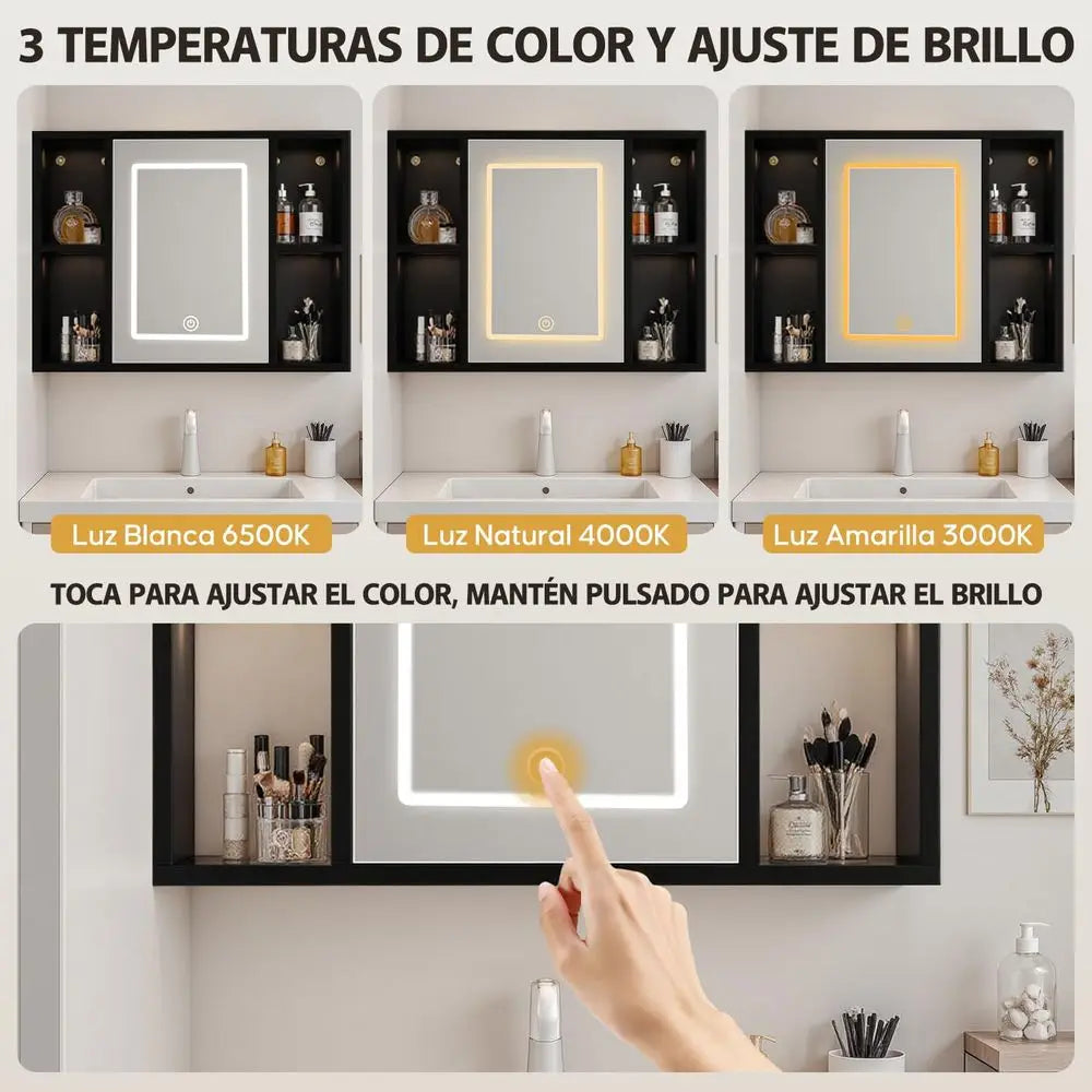 Espejo para Baño con Gabinete y Luz LED, Botiquín con Espejo, Gabinete para Baño, 3 Temperaturas de Color, 40.5x60.5cm, 6 Com
