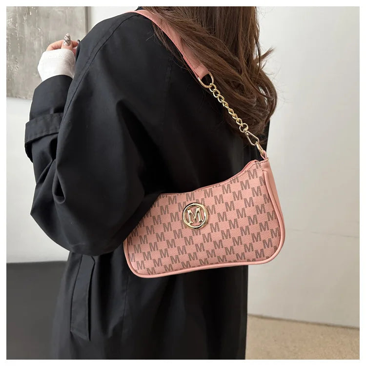 Bolso retro francés para axila, bolso de un hombro con estampado de letras y cadena cuadrada cruzada diagonal para mujer