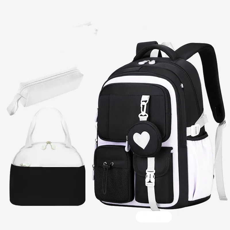 Mochila escolar con estampado de amor, estuche para lápices, bolsa de almuerzo, juego de tres piezas, tela de nailon impermeable, mochila de moda para niños, niñas y adolescentes.