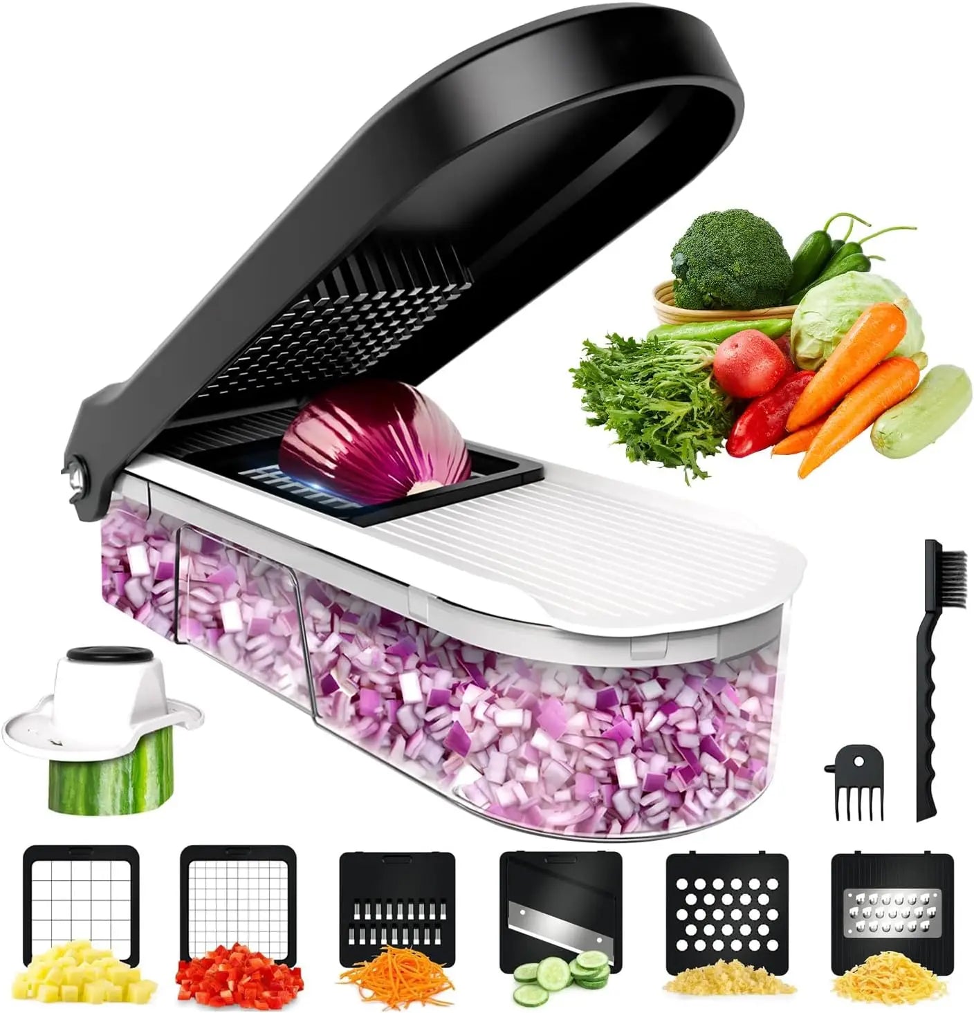 Picador de Verduras Multifuncional, Cortador de Cocina 6 en 1 con Cuchillas de Acero Inoxidable, para Frutas, Verduras y Ensaladas
