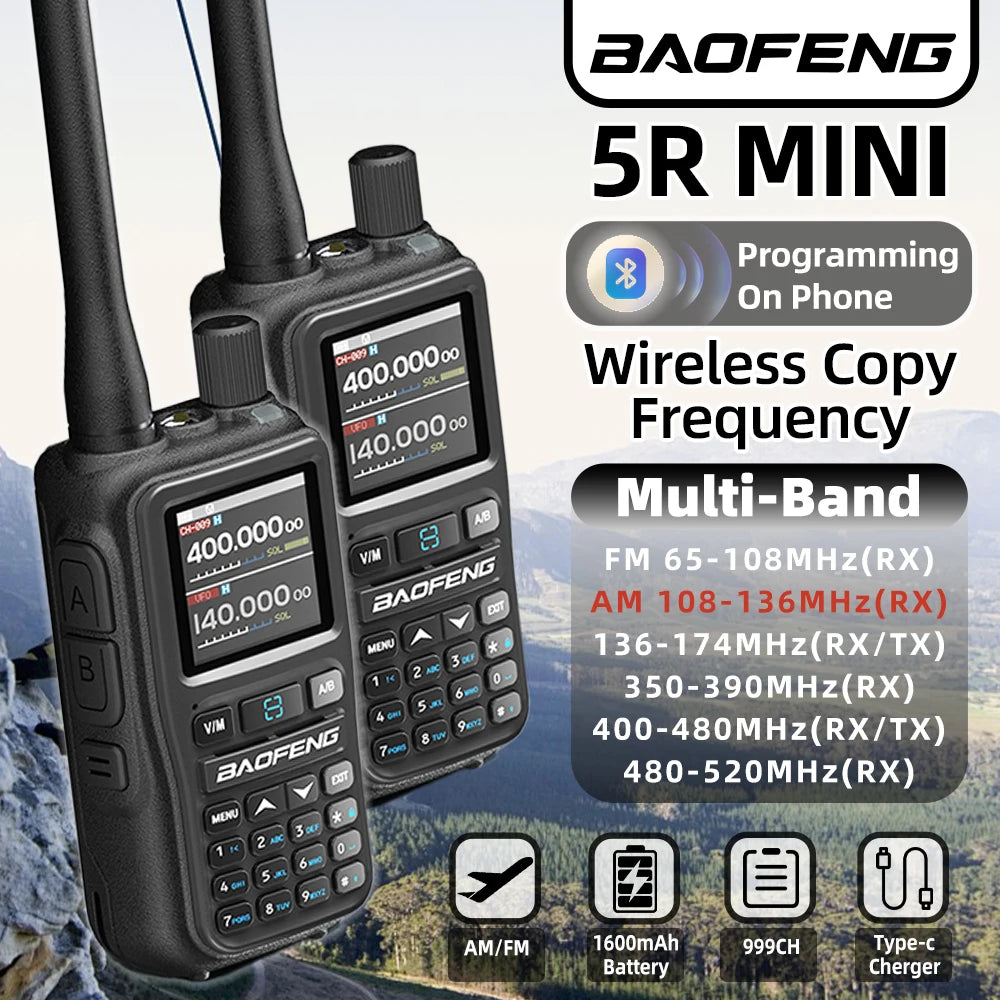 Baofeng UV 5RMINI Walkie Talkie de lectura de frecuencia inalámbrica AM de largo alcance cargador multibanda tipo C Radioaficionado 1 ud.