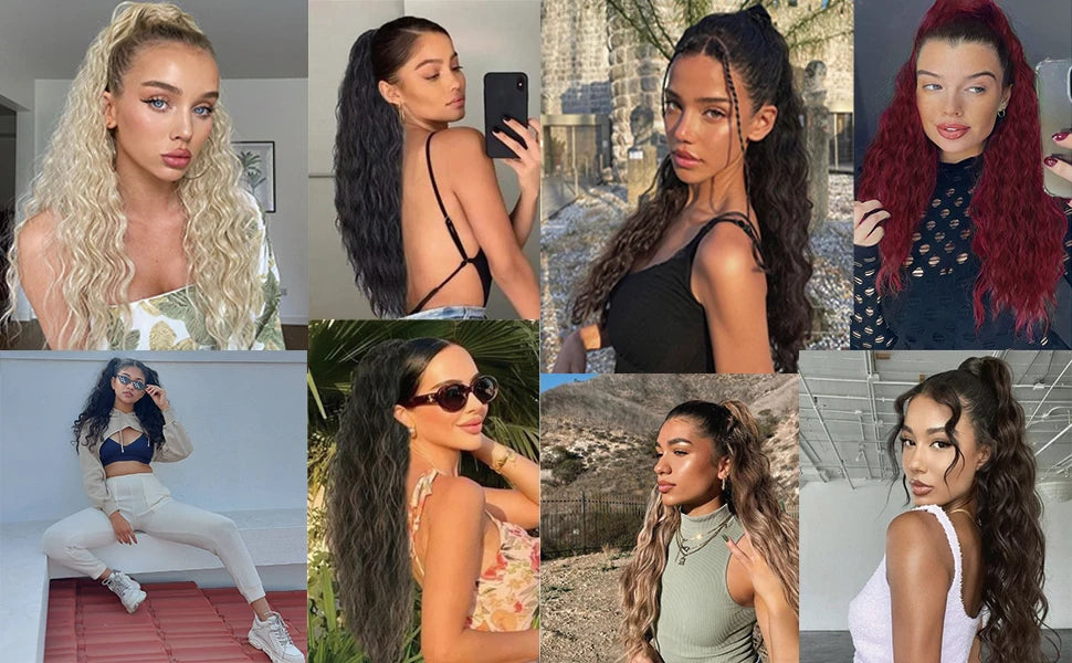 Extensión de cabello de cola de caballo ondulada y rizada larga para mujer, postizos de cola de caballo con cordón, cola de caballo falsa sintética, negro, Rubio y rojo