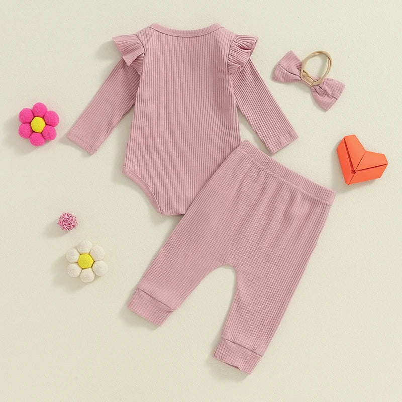 Conjunto de 3 piezas para niñas de 0 a 12 meses, pelele con volantes y manga larga con estampado de letras, Tops, pantalones largos, trajes con banda para el pelo