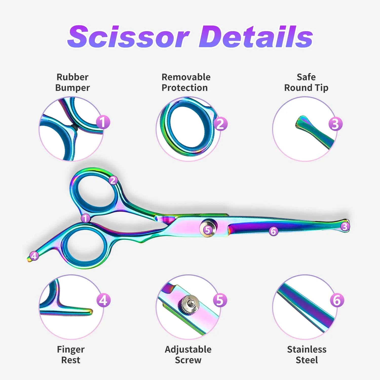 Tijeras profesionales de peluquería para mascotas de acero inoxidable, orientación de la mano derecha, tijeras multiusos para recortar el cabello con cabeza redonda,