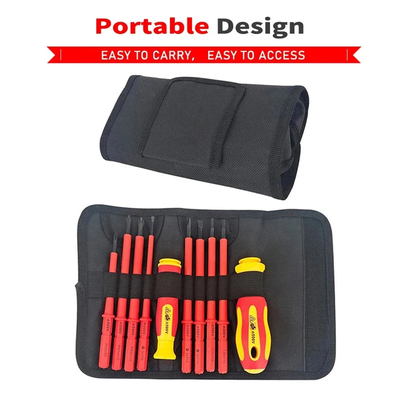 Juego de 10 Destornilladores Aislados VDE 500V, con Puntas Magnéticas Intercambiables y Estuche, para Electricistas Profesionales y Domésticos