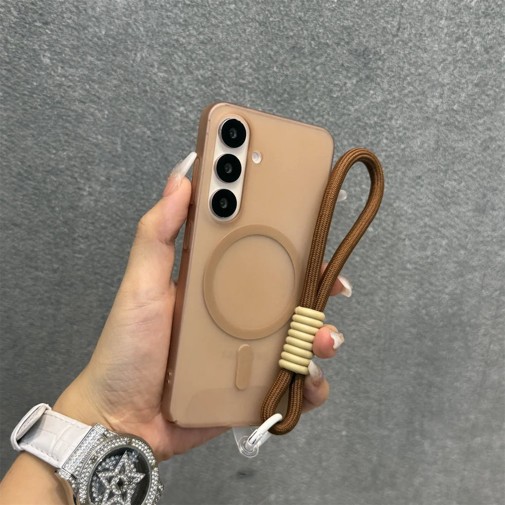 Funda Magnética Mate con Correa para Muñeca para Samsung Galaxy S25 S26 Ultra S22 S23 S24 Plus S21 FE A55 A56 A16 A17, Carcasa Rígida