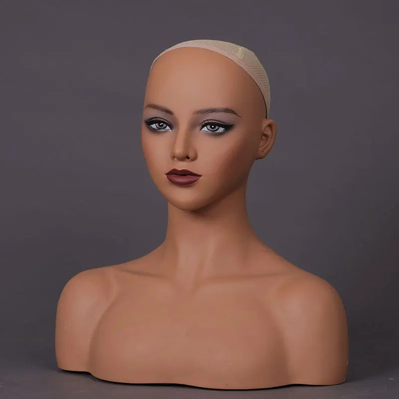 Cabeza de peluca femenina, maniquí de piel marrón claro, maquillaje realista, cabeza de maniquí, soporte para peluca, 1,8 kg/unidad, cabeza simulada de relleno de espuma para pelucas