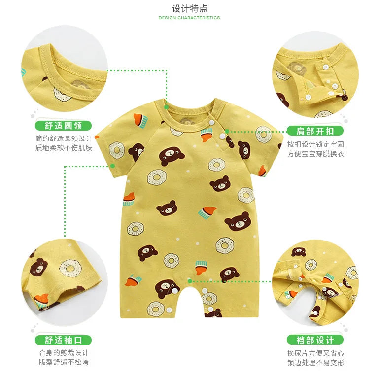 Monos de dibujos animados para bebé, mono de algodón transpirable de verano de manga corta para recién nacidos, niños y niñas, ropa para gatear