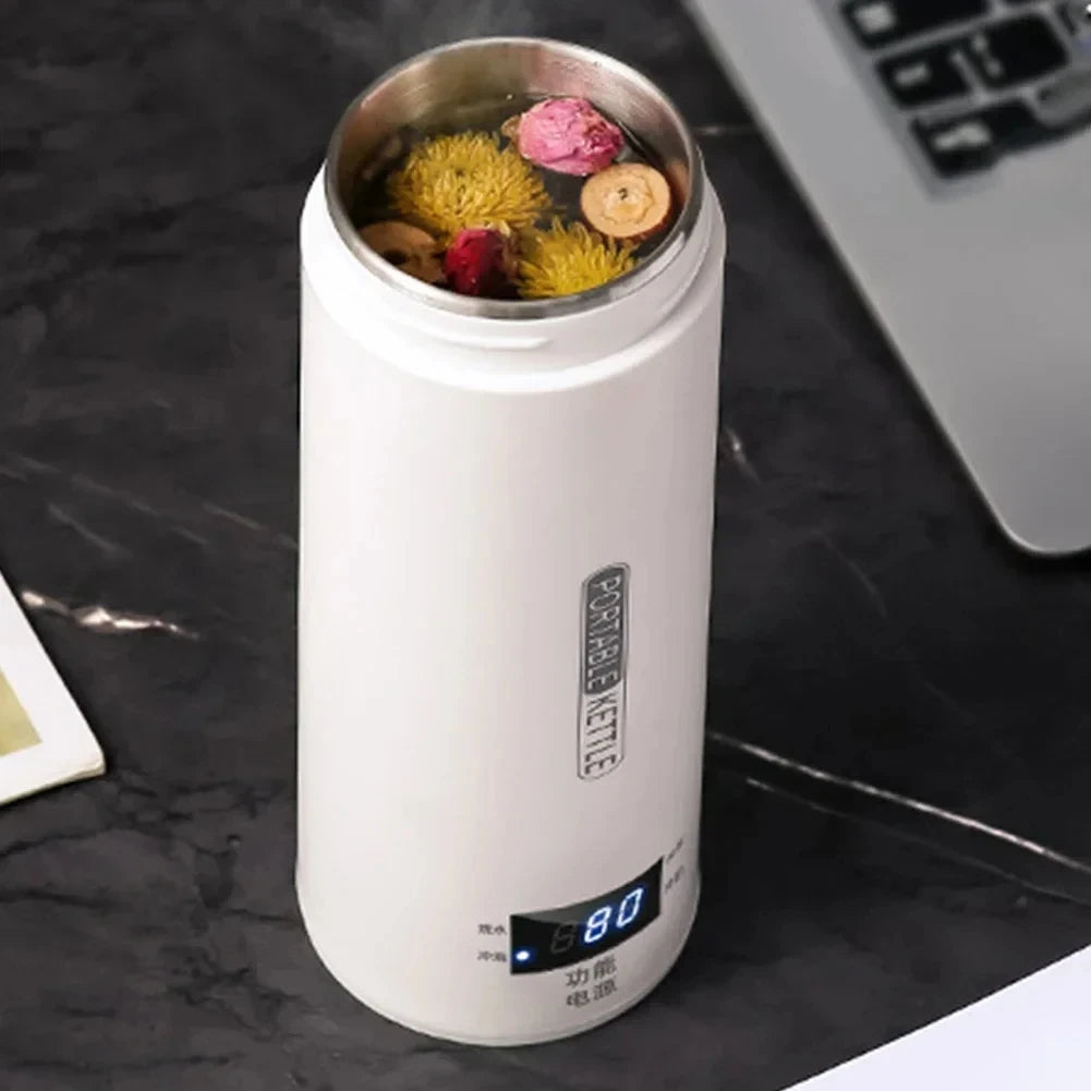 Hervidores eléctricos de 450ML, hervidor portátil para té y café, taza térmica para hervir agua de viaje, botella de agua antiescaldaduras, menú en inglés